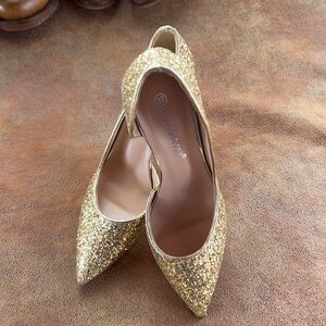 Annaili Elegant Gold Glitter High Heel Shoes with cutout.
